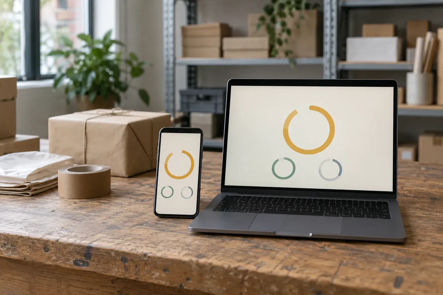 Affichage d’un ordinateur portable et d’un téléphone montrant des graphiques circulaires sur un bureau avec des emballages et