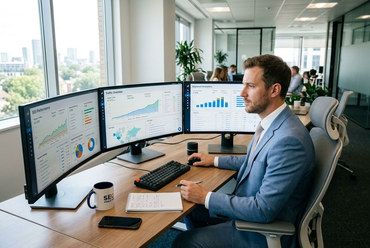 Analyste SEO travaillant sur plusieurs écrans affichant des graphiques et données, en bureau moderne.