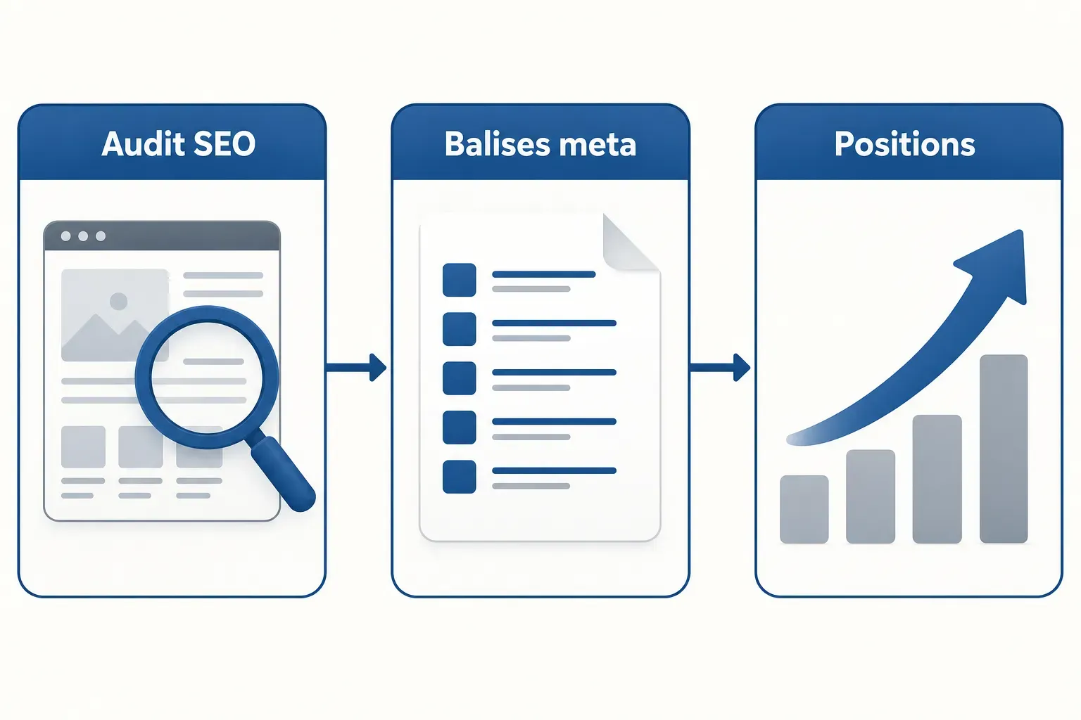 Audit SEO -> Balises meta -> Positions: déploiement d’un graphique en hausse pour une refonte boutique prestashop e-commerce, illustration/schéma SEO.
