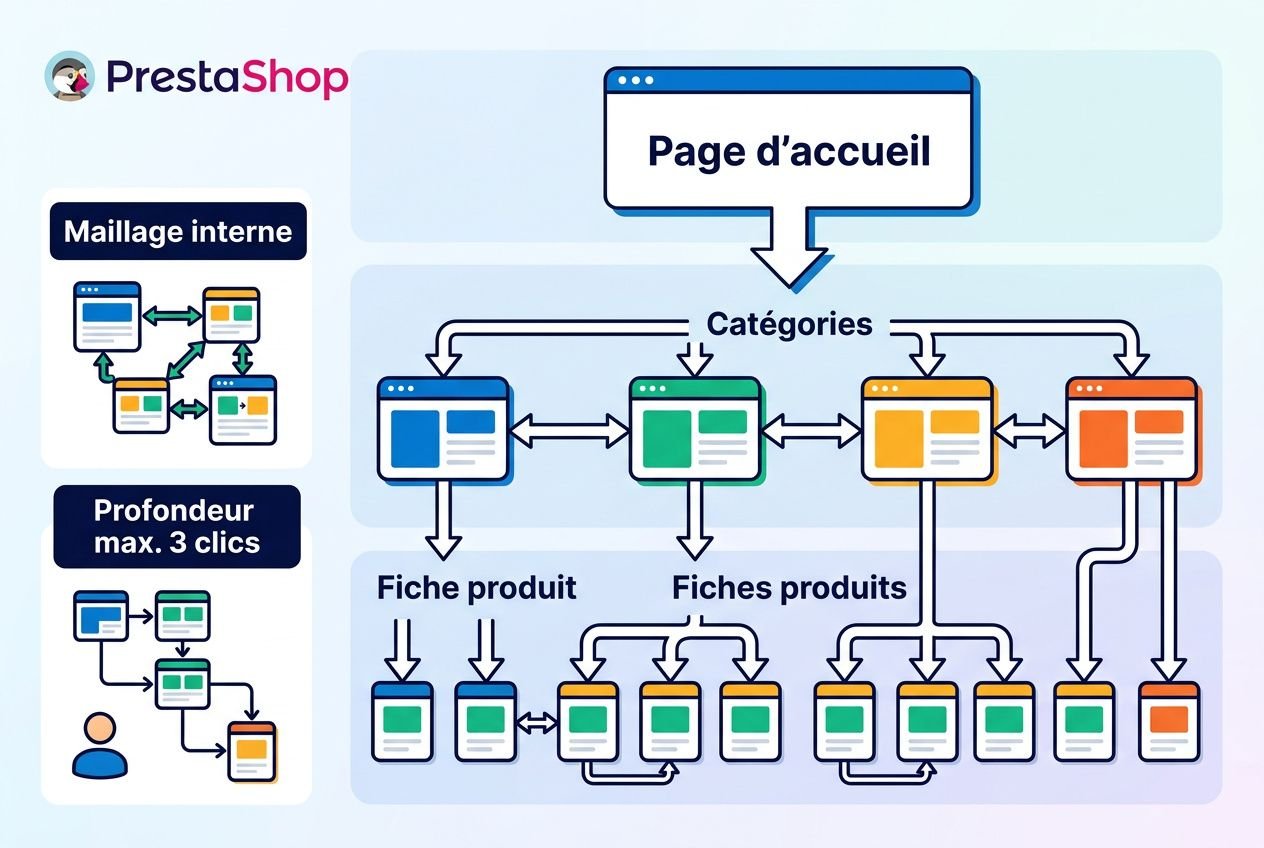 Audit seo boutique prestashop : schéma d’organisation PrestaShop montrant page d’accueil, catégories, fiches produit et maillage interne