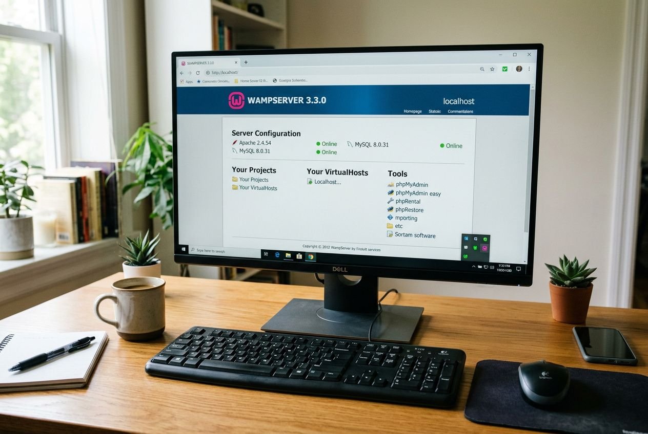 Capture d’écran d’un ordinateur affichant l’interface WAMPServer, prêt pour installer prestashop en local avec wamp, sur un bureau avec clavier, souris et plantes.