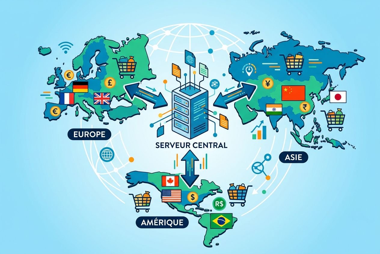 Carte du monde illustrant un serveur central et des flux de commerce en ligne, avec zones Europe, Amérique et Asie et symboles monétaires et de magasins en ligne. Plateforme de vente en ligne professionnel adaptée.