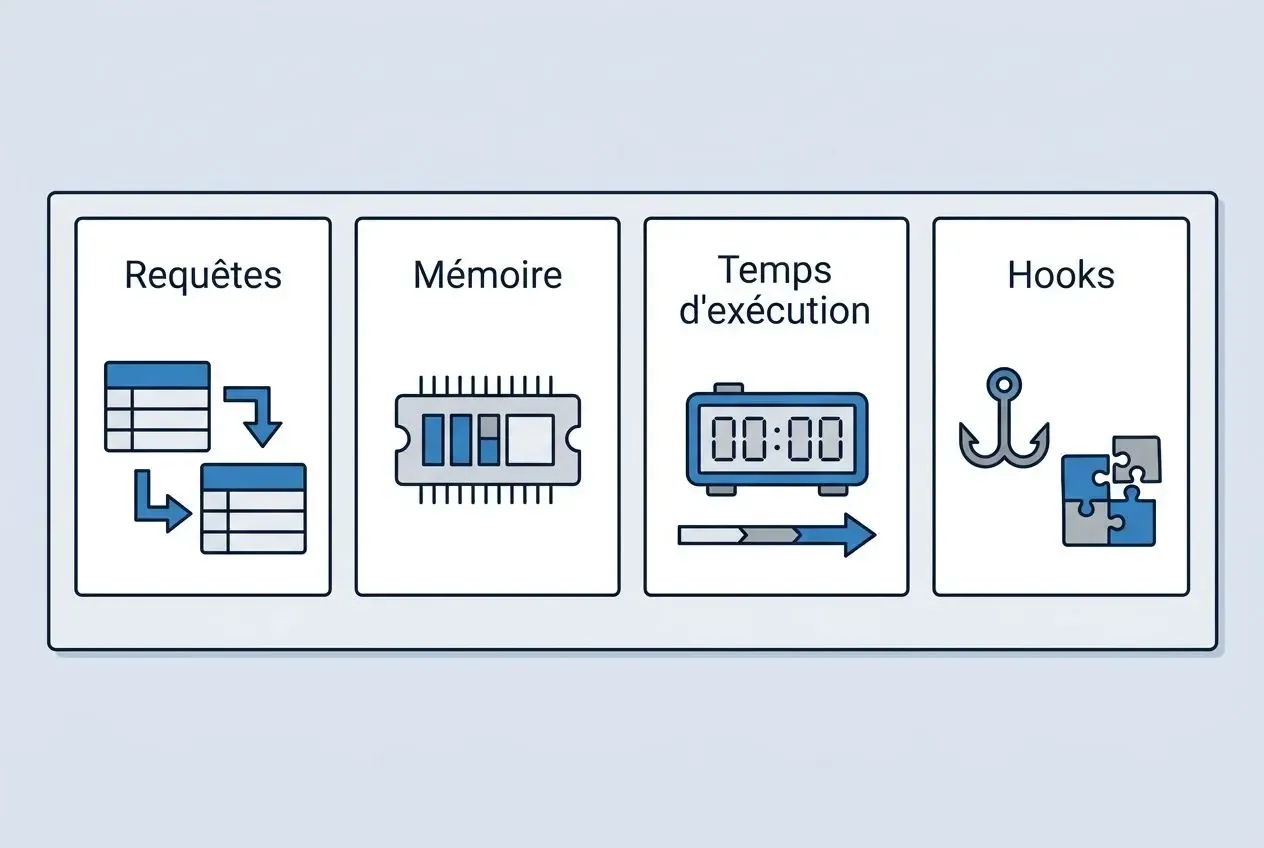Cartouche montrant des éléments techniques: requêtes, mémoire, temps d'exécution et hooks, chacun représenté par une icône simple sur fond clair.