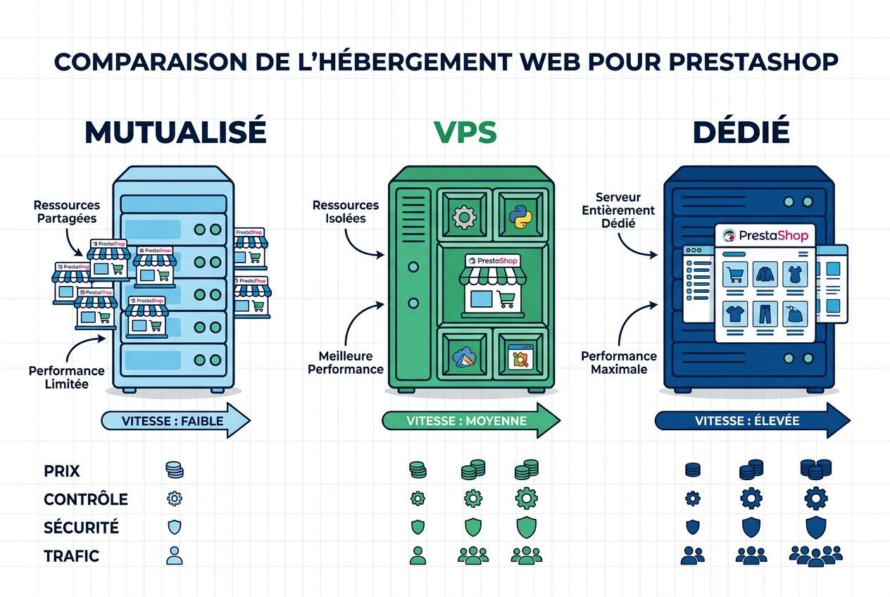 Comparaison d'hébergement web pour Prestashop : mutualisé, VPS et dédié, vitesse et performance croissantes. hébergement optimisé prestashop rapide intégré.