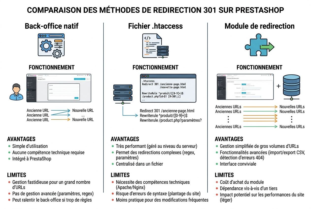 Comparaison des méthodes de redirection 301 sur Prestashop: back-office natif, fichier.htaccess et module de redirection.