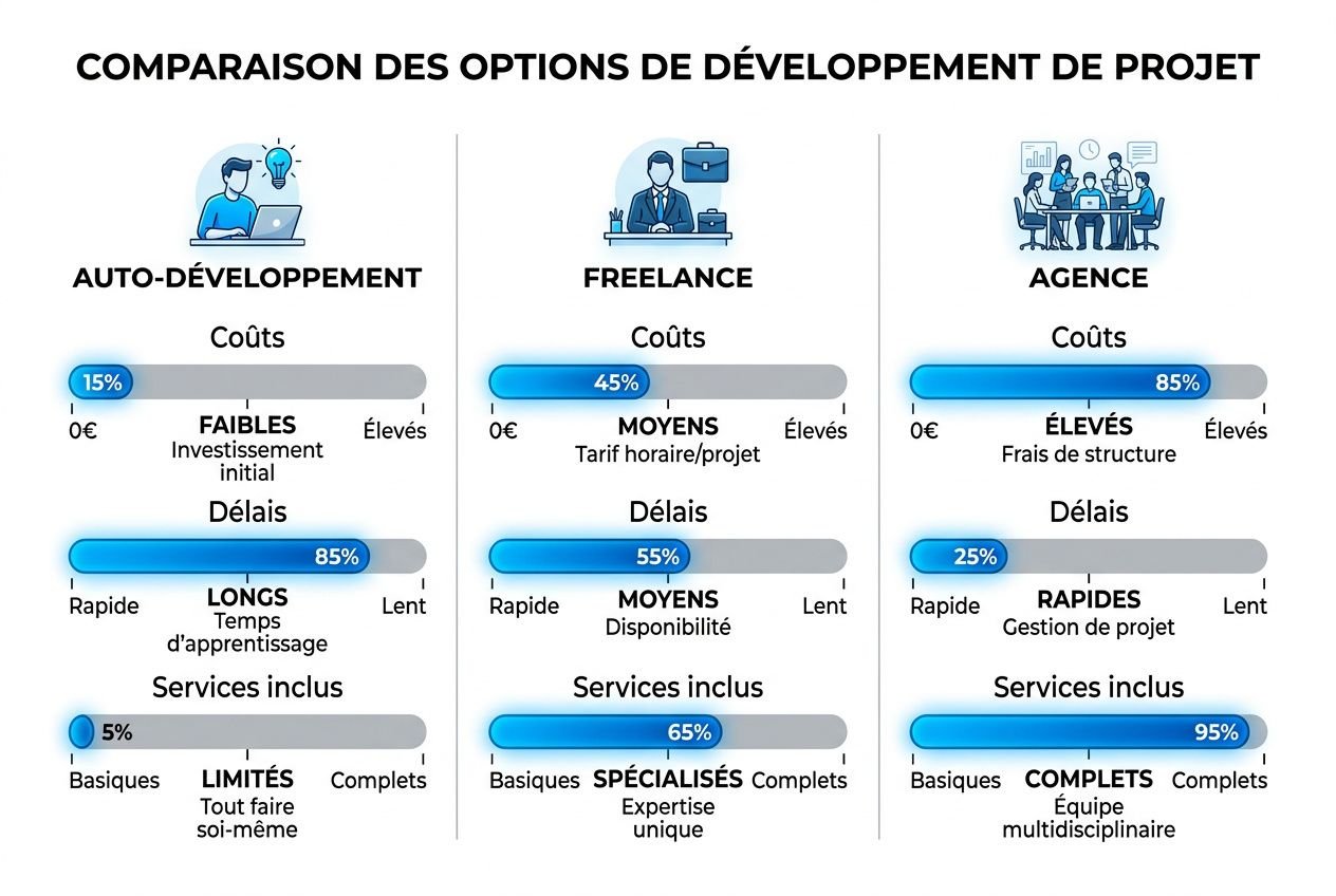 Comparaison des options de développement de projet: auto-développement, freelance et agence, avec coûts, délais et services inclus. Cœur: coût création site e-commerce selon solution.