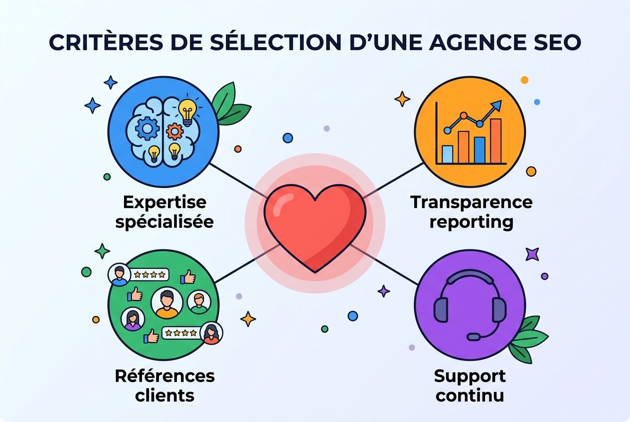 Critères de sélection d’une agence seo : expertise spécialisée, transparence reporting, références clients et support continu relying pour seo entreprise.