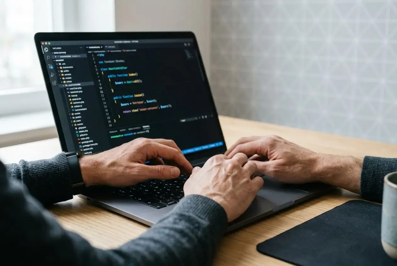Deux mains tapent sur un ordinateur portable affichant du code, en contexte de formation developpeur prestashop.