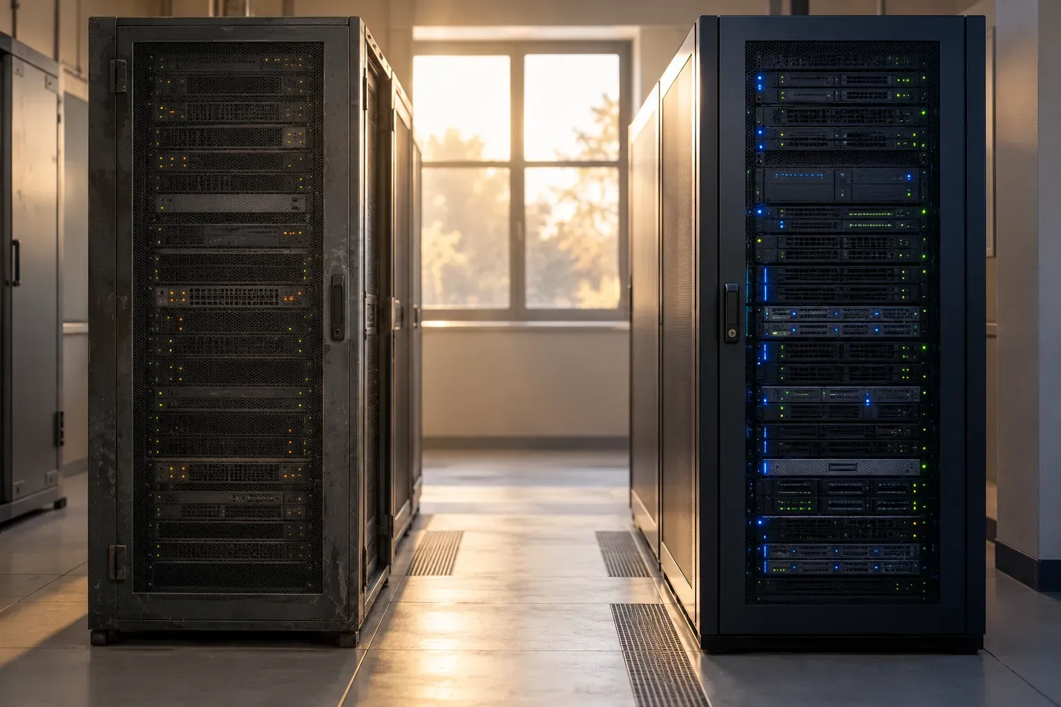 Deux racks de serveurs dans une salle de data center, avec une lumière naturelle à travers une fenêtre en fond.