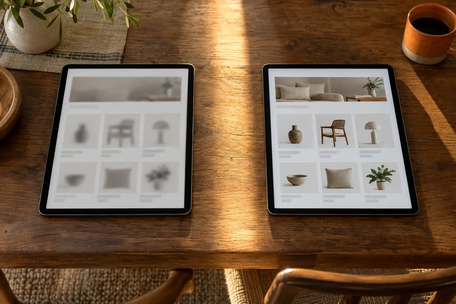 Deux tablettes posées sur une table en bois affichant des pages de produits.