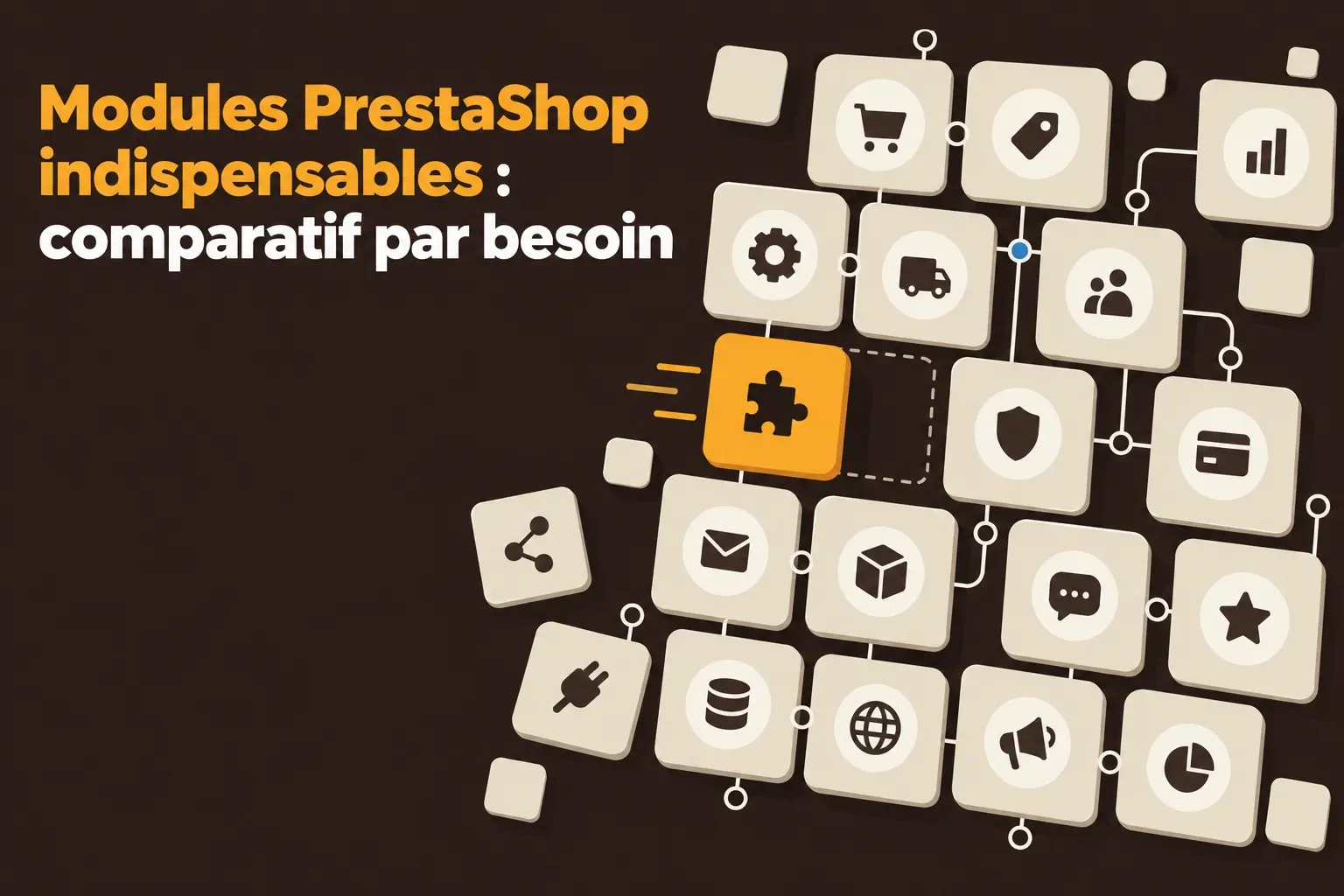 Diagramme de carrés blancs connectés entre eux avec un carré orange en évidence, représentant des modules et des icônes.