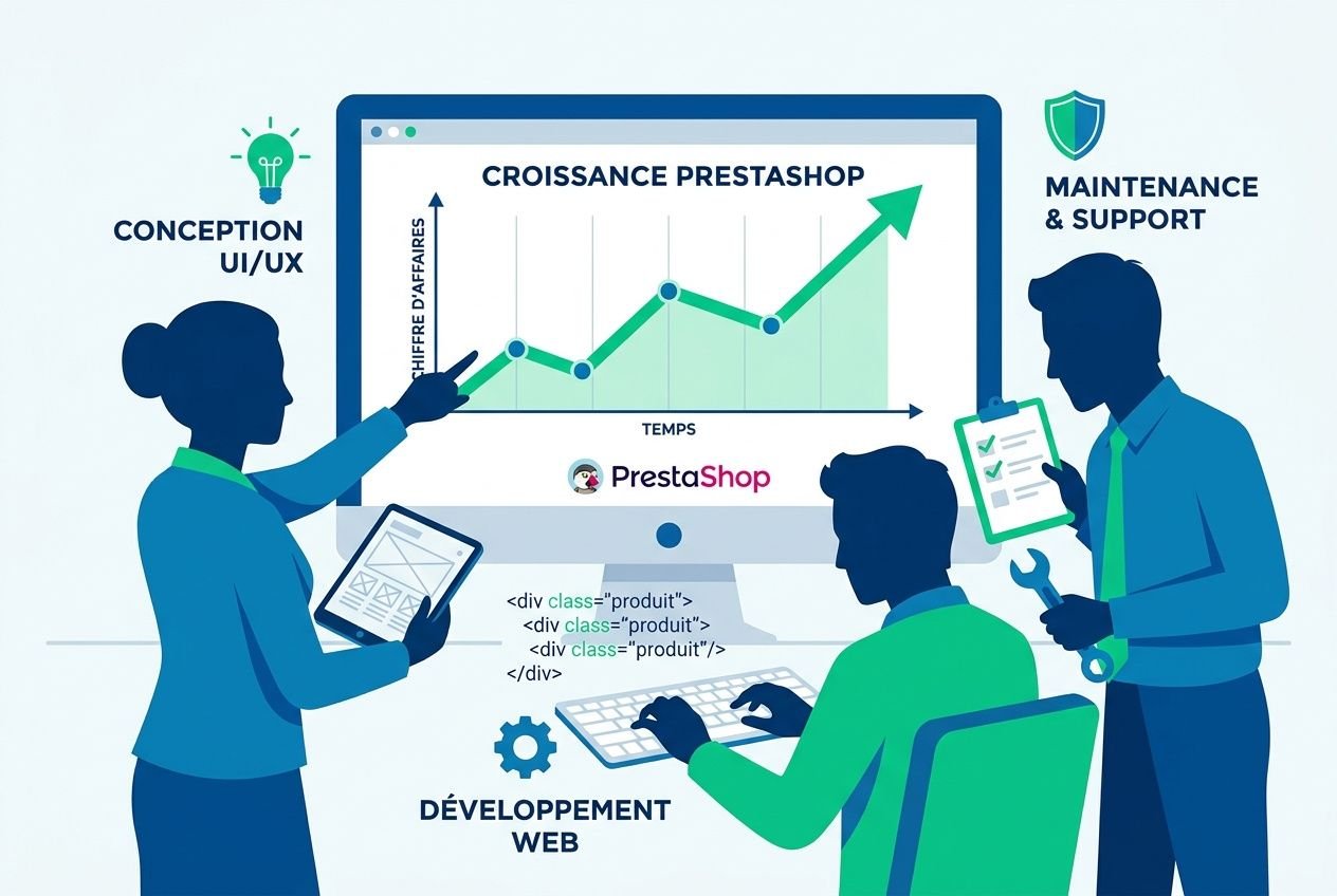 Diagramme illustrant le croissant des performances e-commerce avec UI/UX, développement web et maintenance, sans texte réel. Coût création site e-commerce évoqué indirectement.