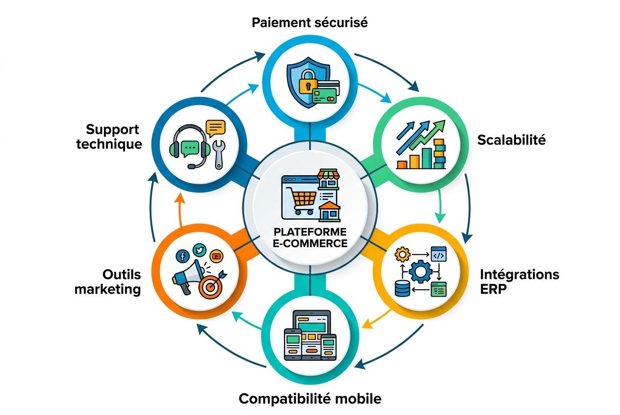 Diagramme illustrant une plateforme e-commerce avec ses composants: paiement sécurisé, scalabilité, intégrations ERP, compatibilité mobile, outils marketing, support technique, et compatibilité, montrant les interactions autour de "Plateforme e-commerce". Meilleur plateforme e-commerce est intégré naturellement.
