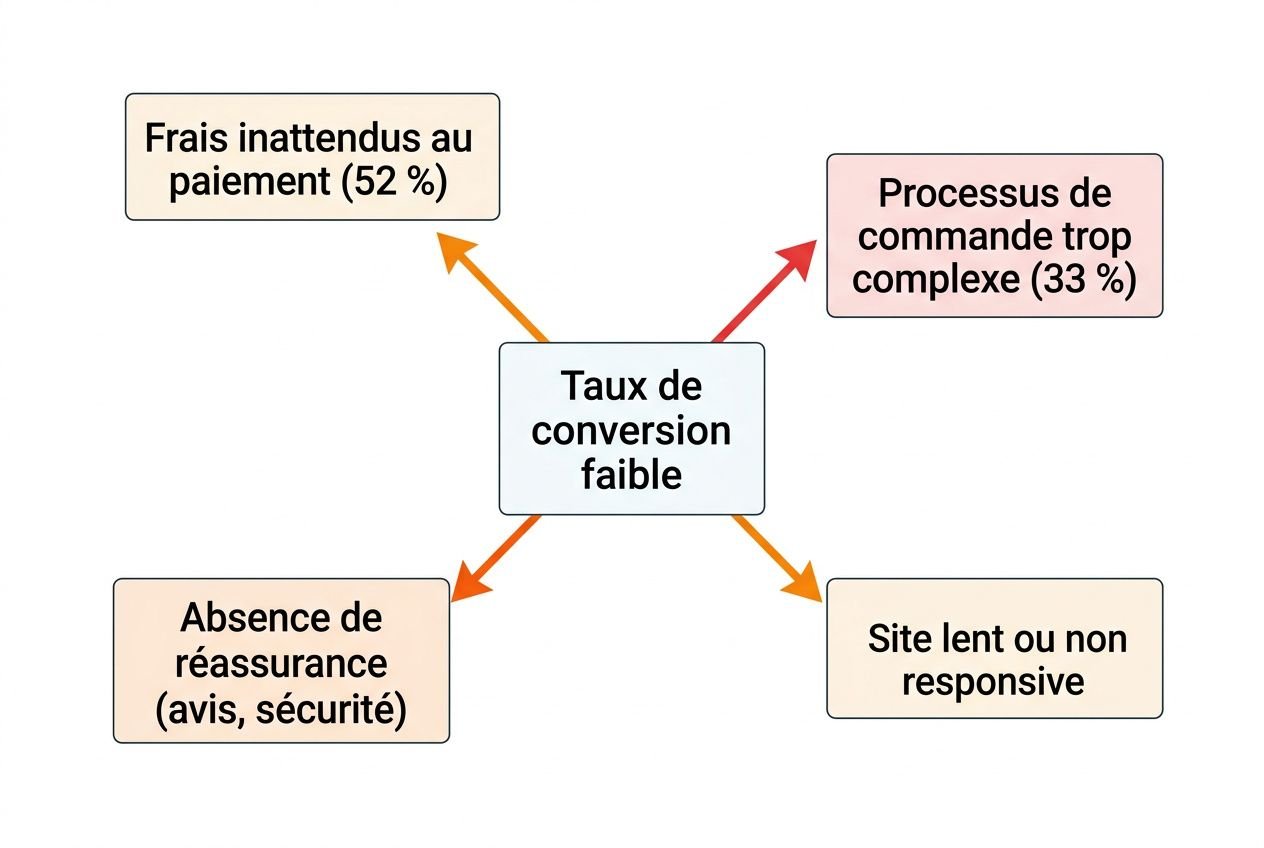Diagramme montrant les causes d’un faible taux de conversion ecommerce: frais inattendus, processus de commande trop complexe, site lent ou non réactif, absence de réassurance, et avis de sécurité.