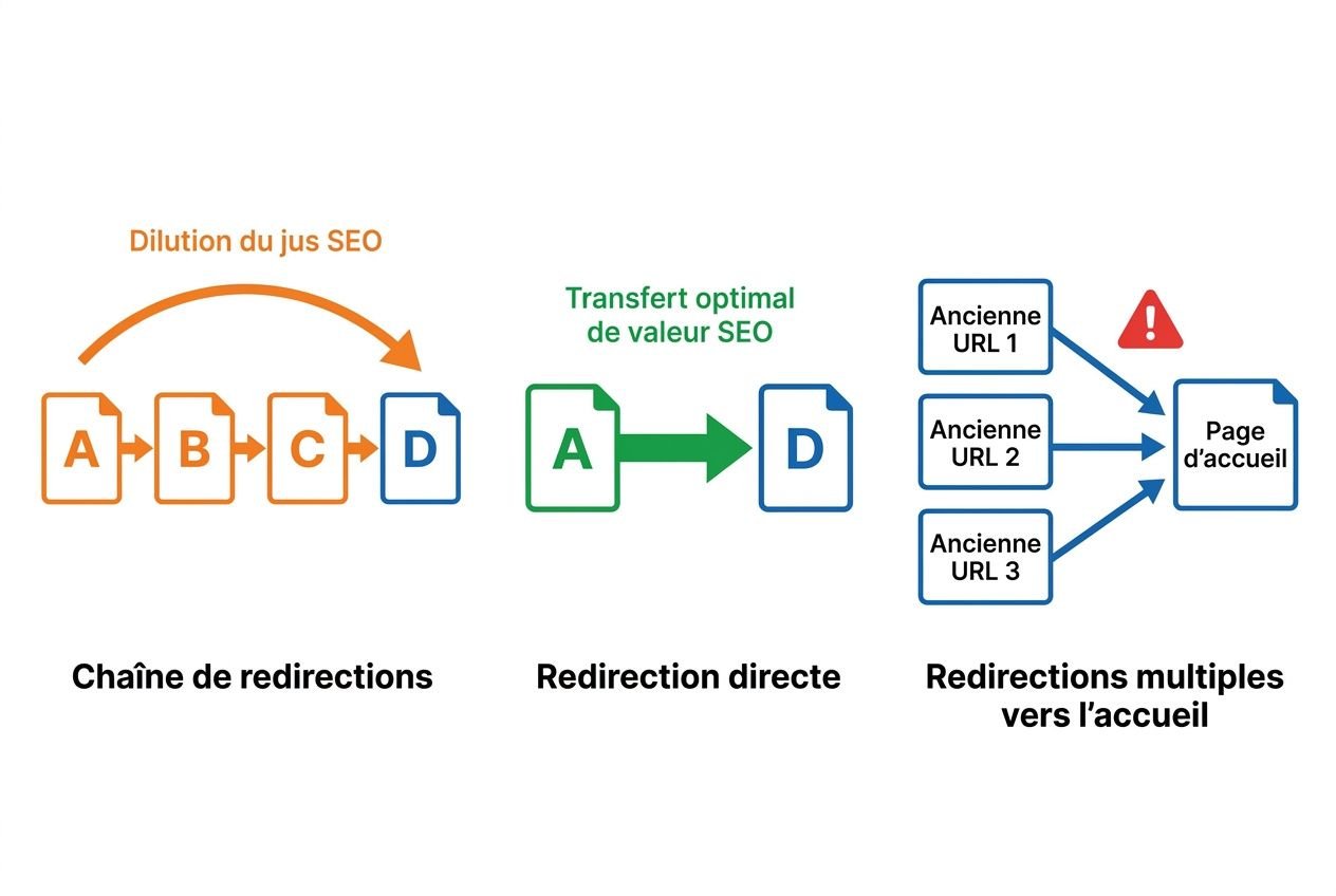Diagramme montrant les chaînes de redirections, la redirection directe A→D et les redirections multiples vers une page d’accueil, avec des étiquettes en français. intégrer le mot-clé: redirection 301 prestashop.