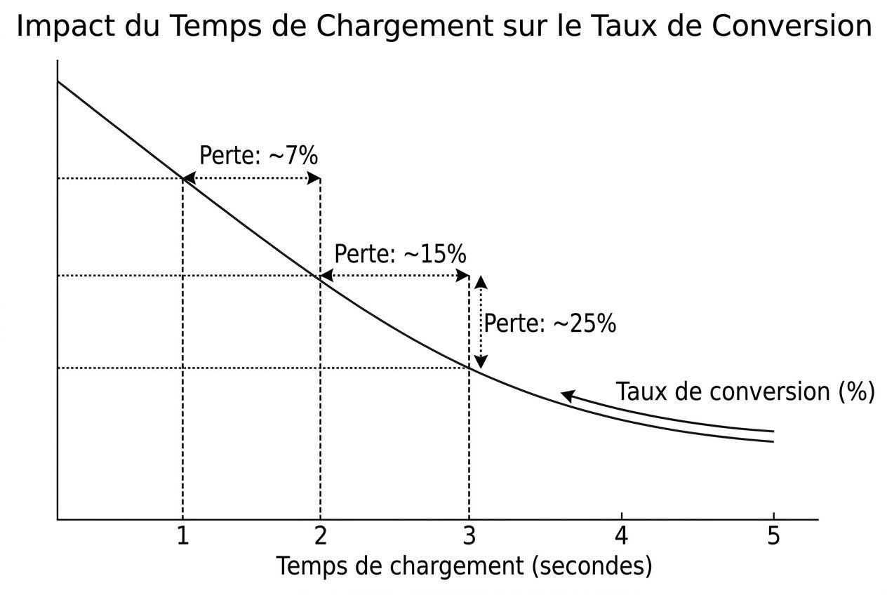 Diagramme montrant l’impact du temps de chargement sur le taux de conversion, avec pertes croissantes et courbe de conversion.