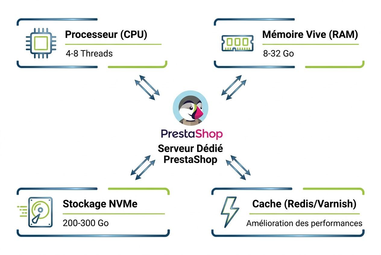 Diagramme montrant un serveur dédié Prestashop au centre et les composants: Processeur (CPU), Mémoire Vive (RAM), Stockage NVMe et Cache (Redis/Varnish) reliés par des flèches, avec indications de performances et capacités. Intègre le mot-clé: hébergement boutique en ligne rapide.