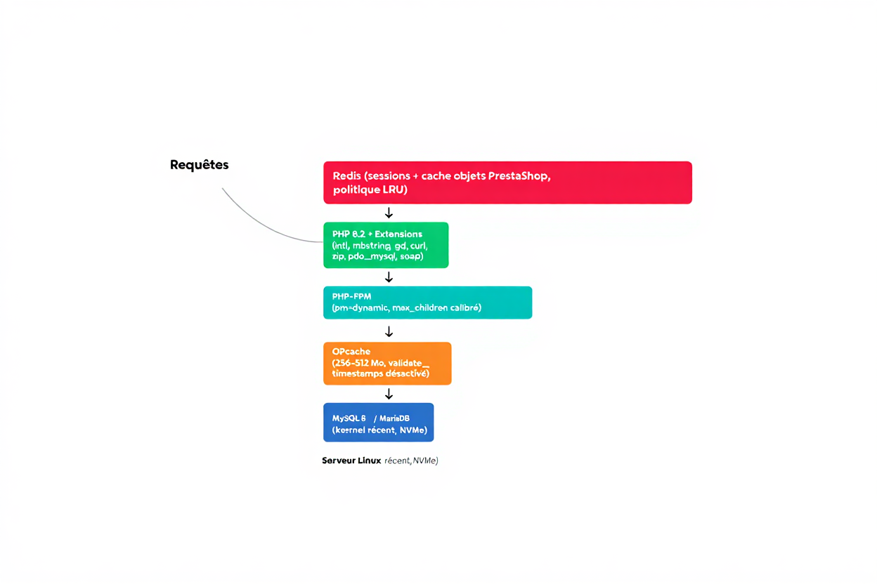 Diagramme de requêtes montrant une architecture serveur: redirection Redis, PHP 8.x, PHP-PPM, OPcache, MySQL/MariaDB et serveur Linux récent avec des blocs colorés. Hébergement optimisé prestashop rapide.