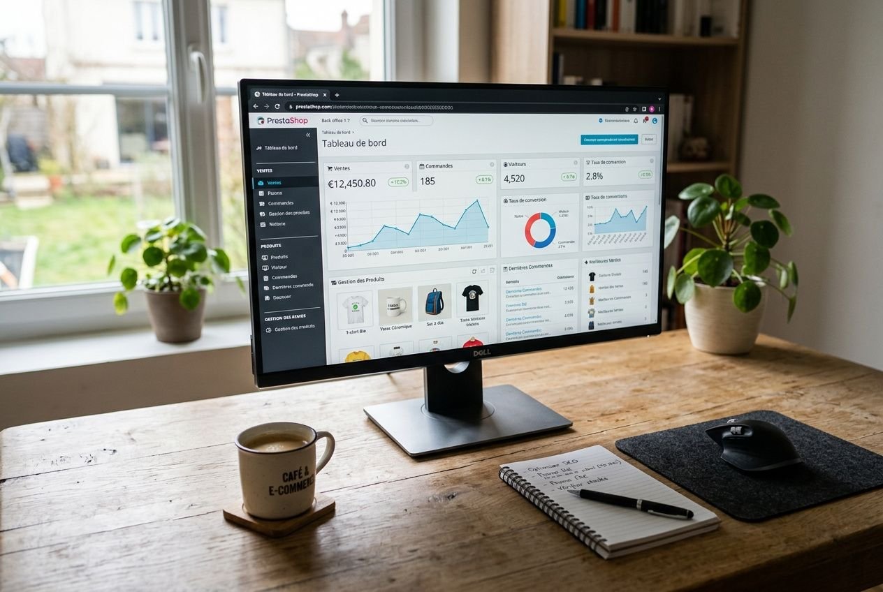 Écran d’ordinateur affichant un tableau de bord d’e-commerce, sur un bureau avec carnet, mug « Café & E-commerce » et plantes en pot, ambiance de travail.