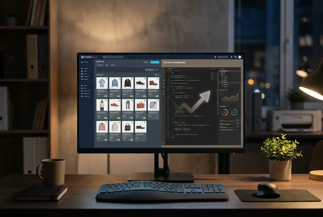Écran d’ordinateur montrant une interface d’administration PrestaShop avec galerie de produits et graphique d’analyse, bureau moderne et ambiance nocturne. refonte boutique prestashop e-commerce