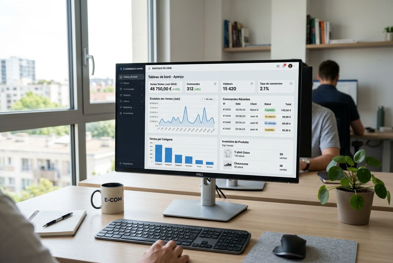 Entreprise utilisant une plateforme de vente en ligne professionnel sur un écran, bureautique et graphique affichés.