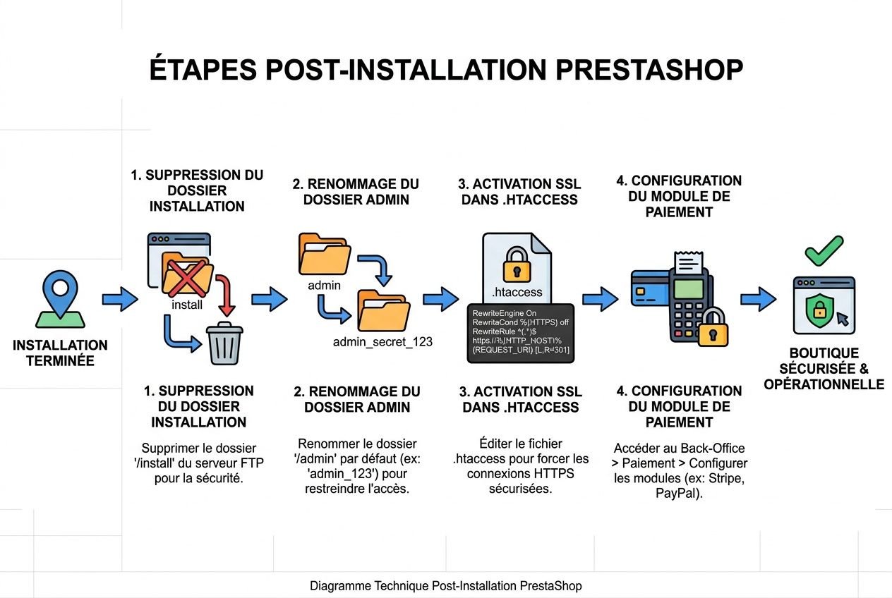 Étapes post-installation PrestaShop: suppression du dossier d’installation, renommage du dossier Admin, activation SSL dans.htaccess et configuration du module de paiement pour une boutique sécurisée et opérationnelle.