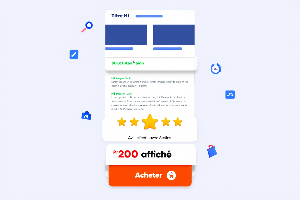 Interface d’optimisation SEO PrestaShop: fiche produit avec notes et bouton Acheter