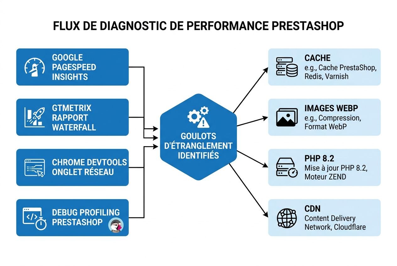 Flux de diagnostic de performance Prestashop : data flow montrant les sources (Google PageSpeed Insights, GTmetrix, Chrome DevTools, Debug profiling Prestashop) vers les goulets d’étranglement identifiés puis vers les solutions (Cache, Images WebP, PHP 8.2, CDN). Pourquoi mon site web est lent.