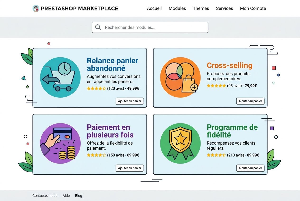 Grand aperçu d’un site Prestashop Marketplace affichant quatre modules en cartes colorées pour augmenter ventes boutique prestashop, avec bouton “Ajouter au panier” sur chaque carte.