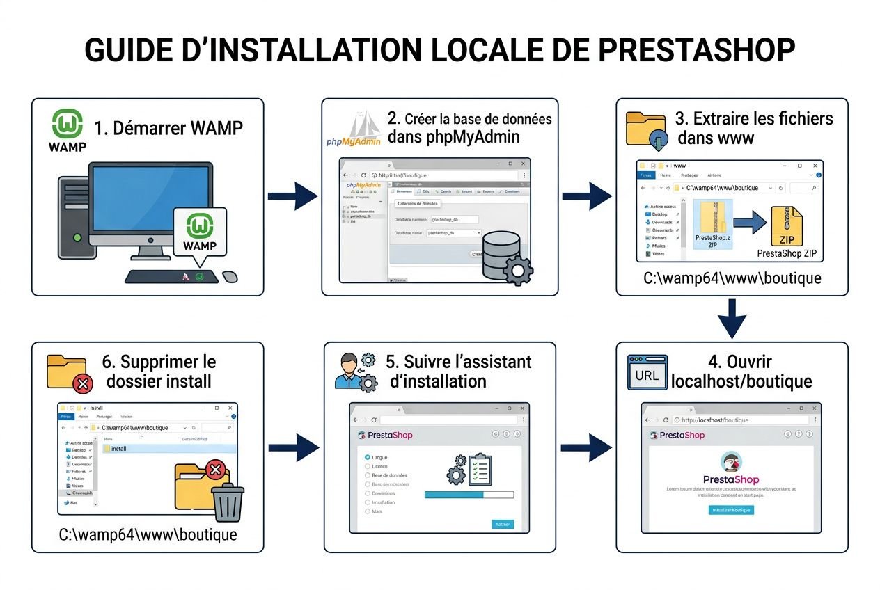 Guide d’installation locale de Prestashop avec WAMP: étapes, démarrage WAMP, base phpMyAdmin et fichiers en local.