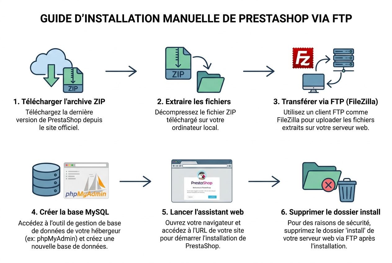 Guide d’installation manuelle de Prestashop via FTP sur OVH: illustration pas-à-pas pour télécharger, extraire, transférer via FTP et lancer l’installation PrestaShop sur OVH.