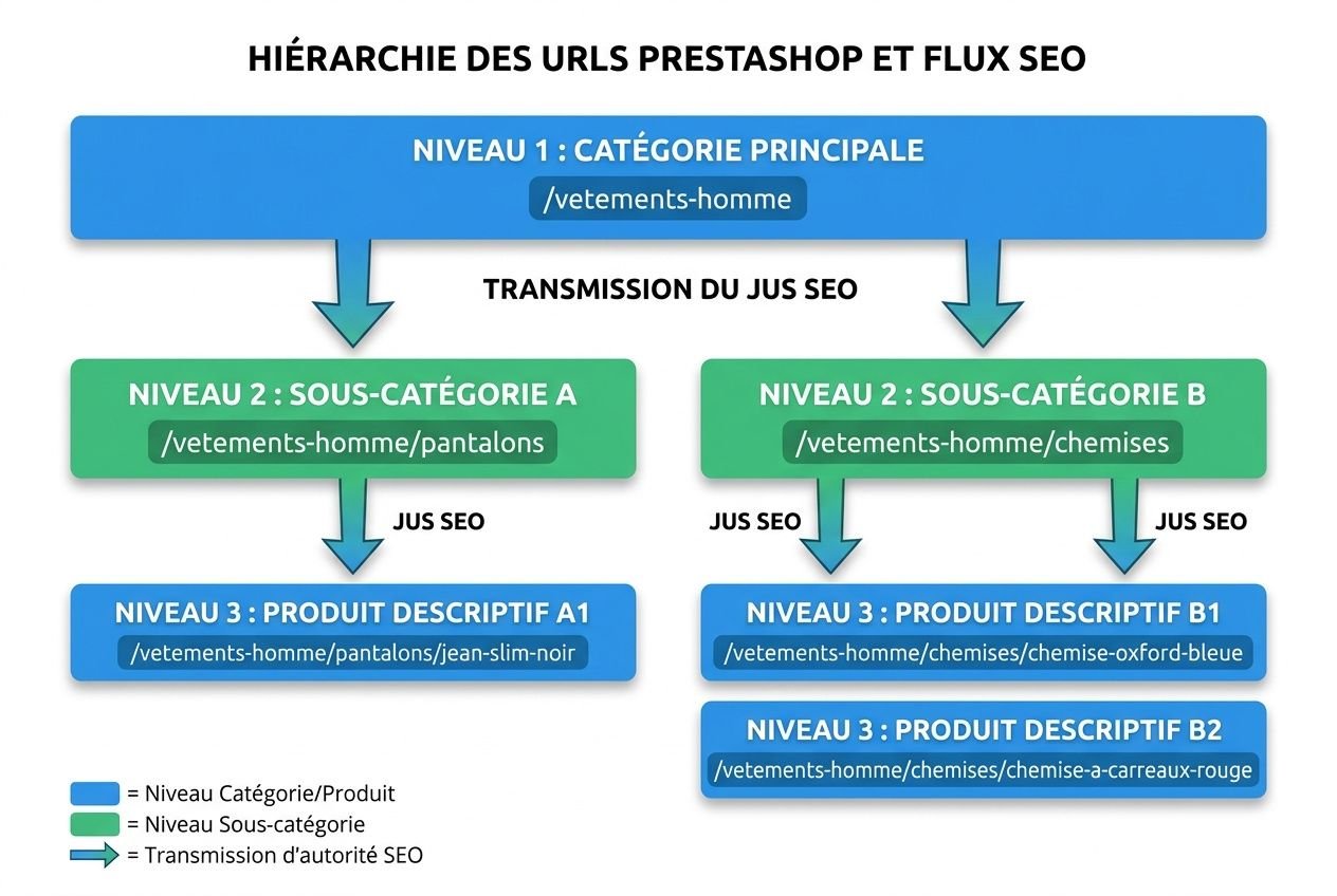 Hiérarchie d’URLs Prestashop et flux SEO montrant les niveaux n°1 à n°3 des catégories et produits, incluant balises meta Prestashop seo comme idée principale. Hiérarchie d’URLs Prestashop et flux SEO montrant les niveaux n°1 à n°3 des catégories et produits, incluant balises meta Prestashop seo comme idée principale.