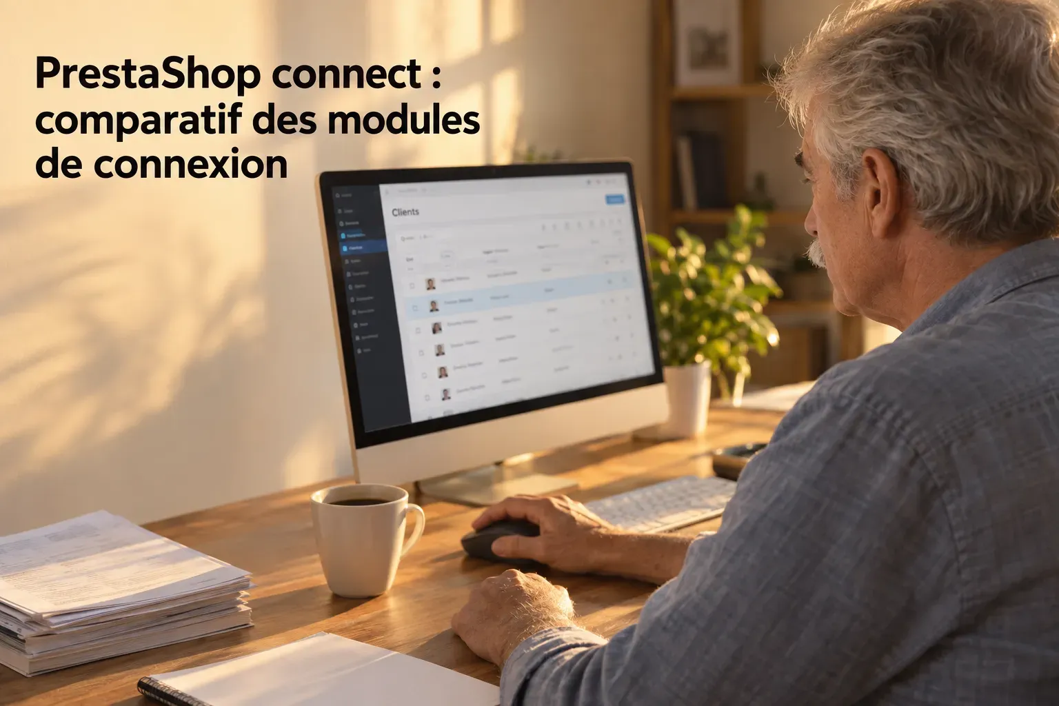 Un homme assis à un bureau regarde un ordinateur affichant une liste et des icônes sur l’écran.