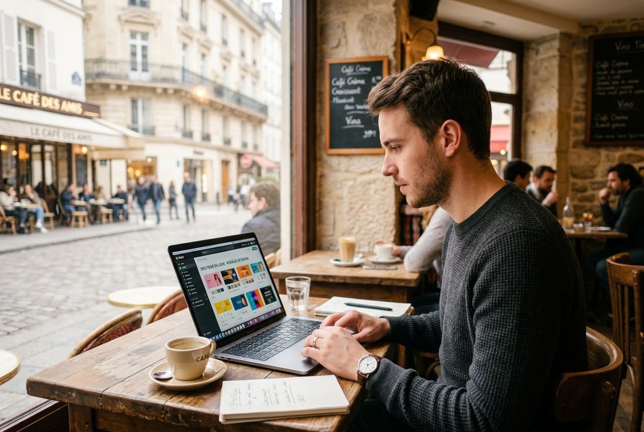 Homme concentré sur son ordinateur portable dans un café, travaillant à l’extérieur sur une boutique en ligne, avec une tasse et un carnet sur la table, ambiance urbaine. Créer boutique en ligne pas cher.