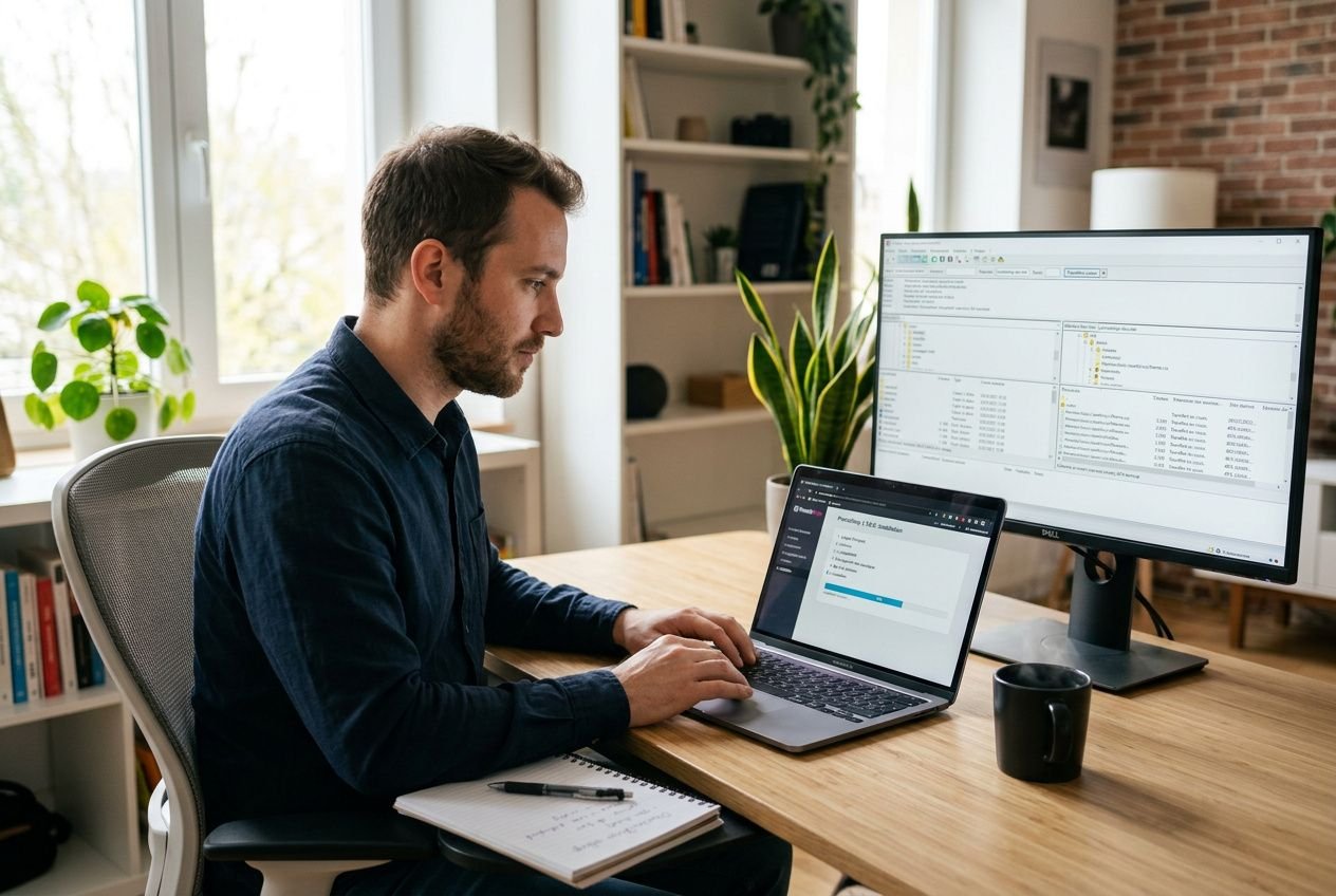 Homme travaillant sur un ordinateur portable et un moniteur affichant des données, dans un bureau lumineux. intégrer: comment utiliser prestashop facilement.