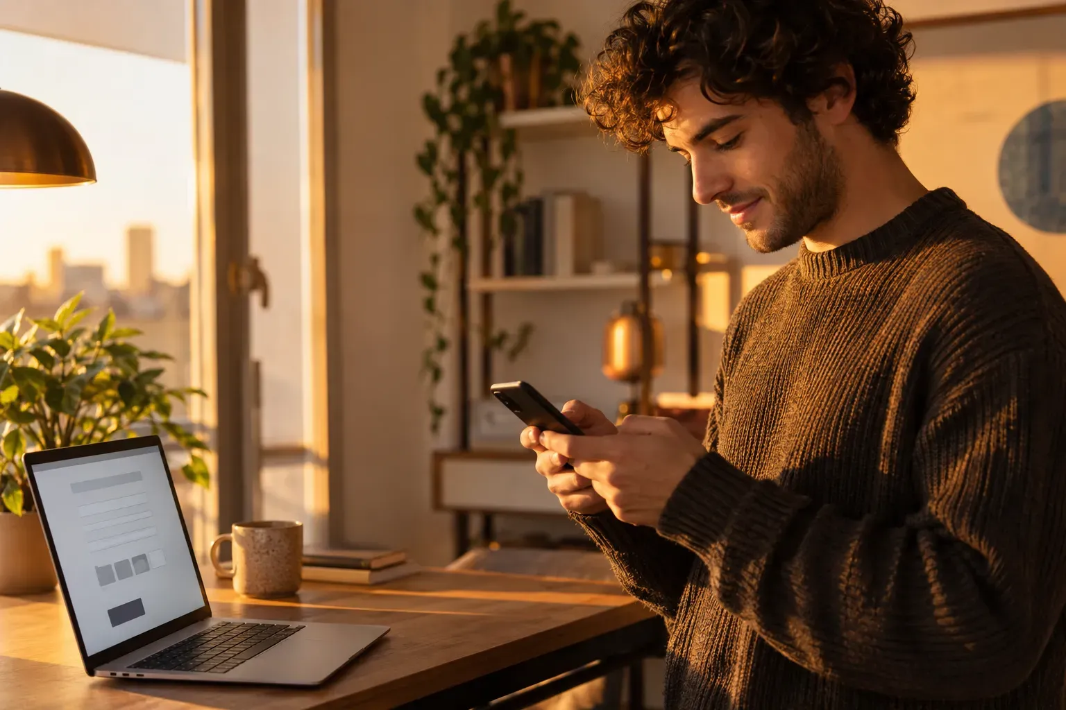 Un homme travaille chez lui, regardant son téléphone dans une pièce lumineuse avec un ordinateur portable sur la table.