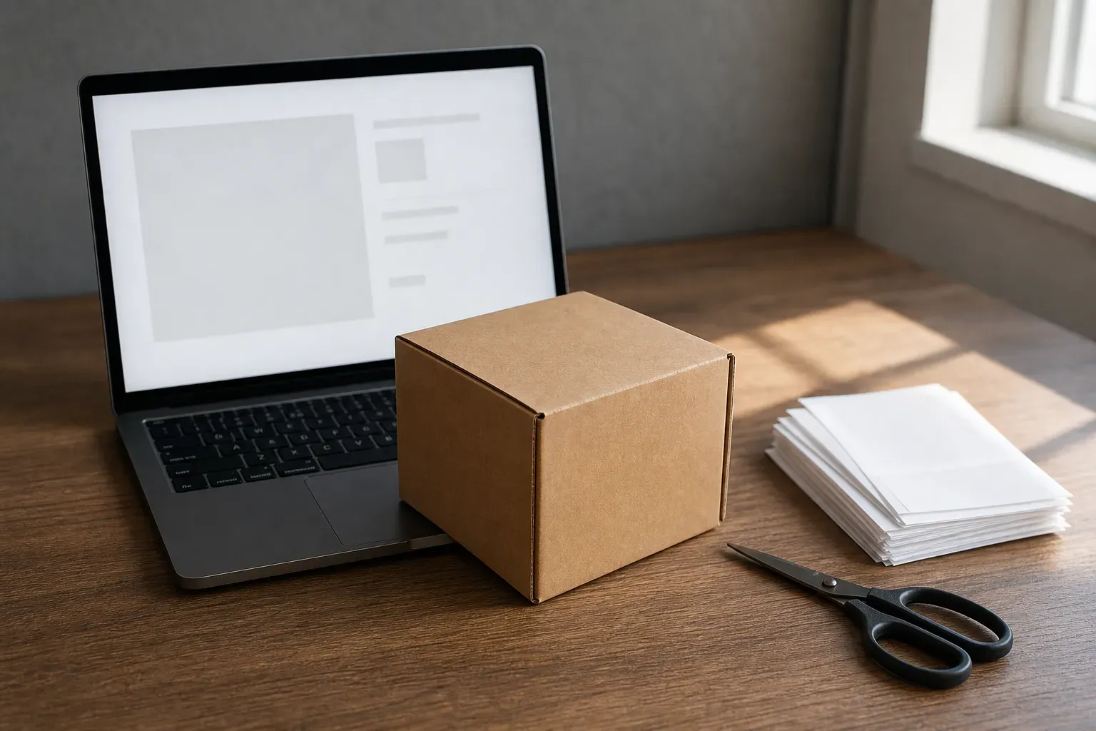Idée d’emballage et ordinateur portable sur bureau pour lancer une boutique en ligne en dropshipping, package prêt à expédier.