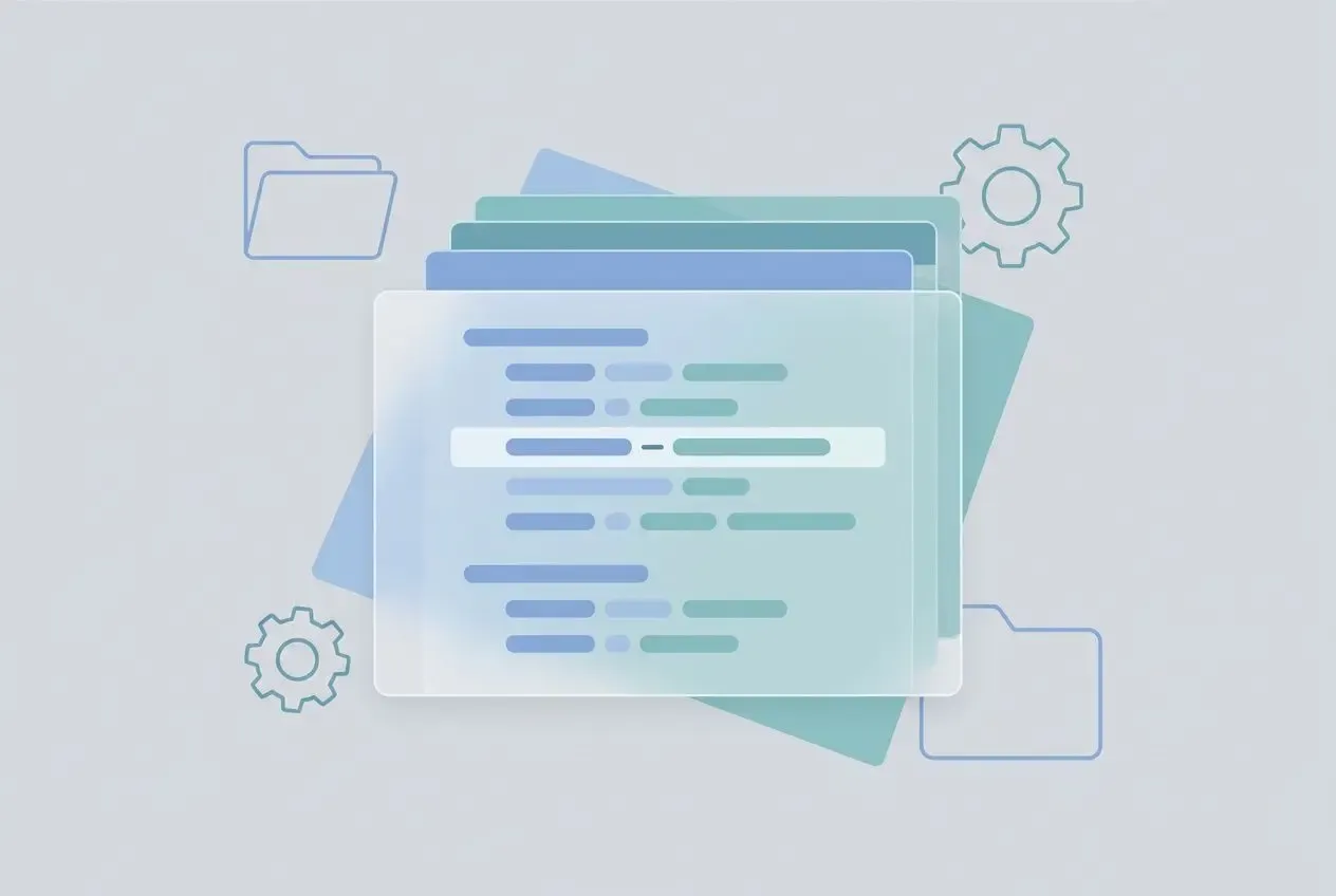 Illustration abstraite de fichiers et de réglages pour la compilation des templates PrestaShop, axe sur Smarty et cache.