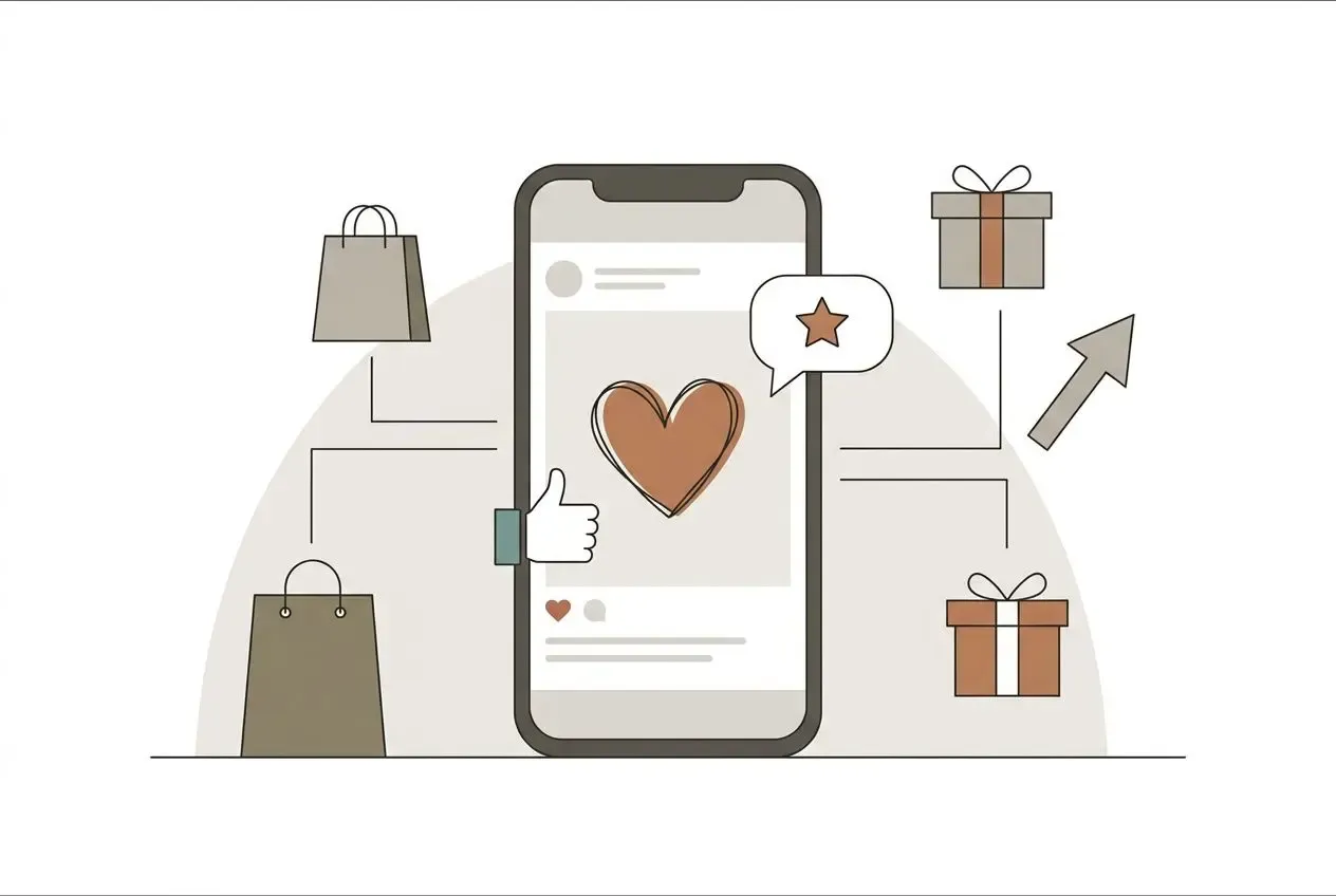 Illustration d’un smartphone affichant une publication avec cœur, pouce levé et commentaire, entouré d’éléments shopping et de cadeaux. Comment augmenter ventes e-commerce présent.