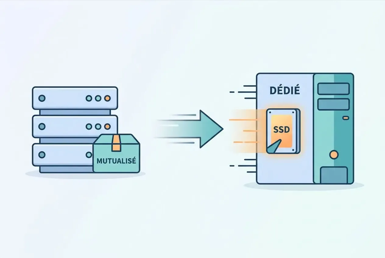 Illustration d’un transfert de données entre serveurs mutualisés et un serveur dédié SSD, accélération du stockage. vites site prestashop impact seo.