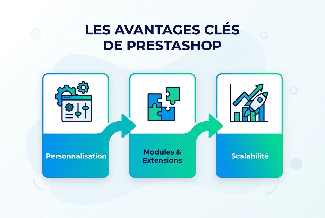 Illustration montrant les avantages clés de PrestaShop: personnalisation, modules et extensions, et scalabilité. Texte: Guide étape par étape pour créer votre boutique en ligne. intégration du mot-clé: comment créer boutique en ligne.