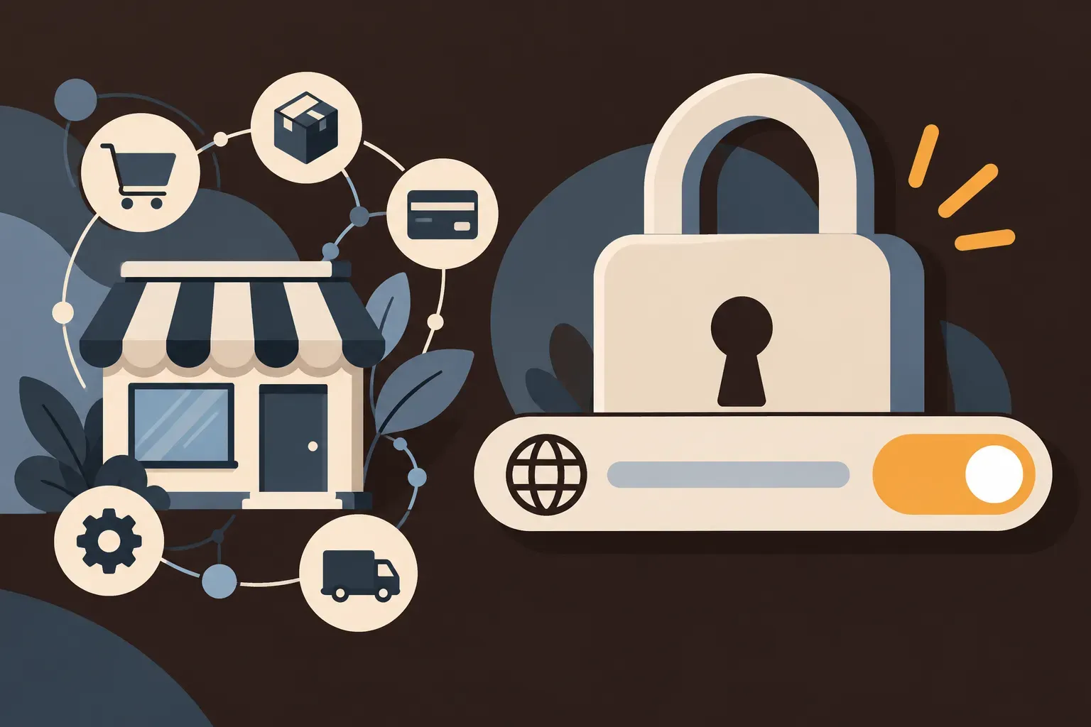 Illustration représentant une boutique en ligne reliant des icônes connectées à un cadenas et une clé, symbolisant la sécurité