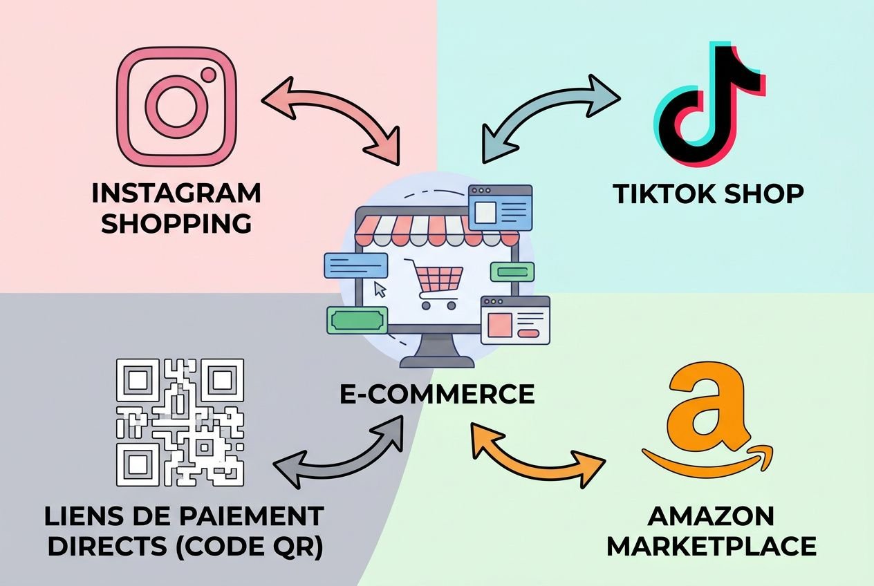 En image: un centre de commerce électronique entouré d’icônes: Instagram Shopping, TikTok Shop, Amazon Marketplace et liens de paiement directs via QR, indiquant des options pour créer une boutique en ligne pas cher.