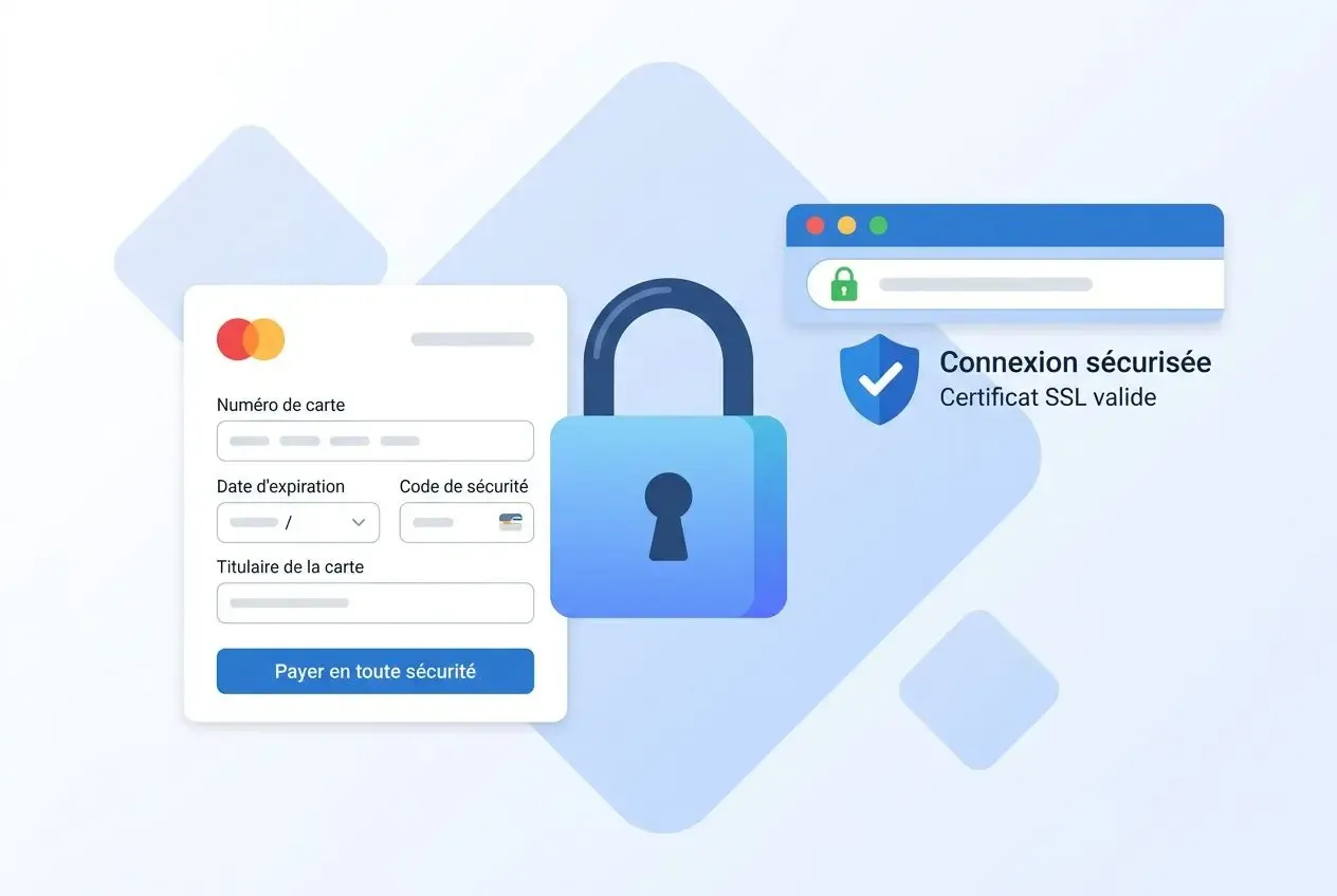 Image illustrant la sécurité des paiements et la protection des données: carte bancaire et paiement en ligne, cadenas bleu et icône SSL, message “Connexion sécurisée” pour illustrer comment creer une plateforme de e commerce.