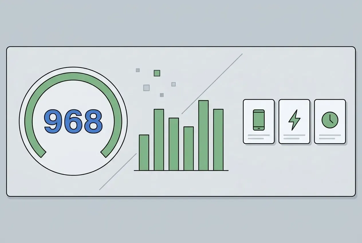 Indicateur de performance SEO avec un grand chiffre 968 et des graphiques verts sur fond gris, démontrant l’analyse du référencement. Prestashop bon pour le référencement naturel.