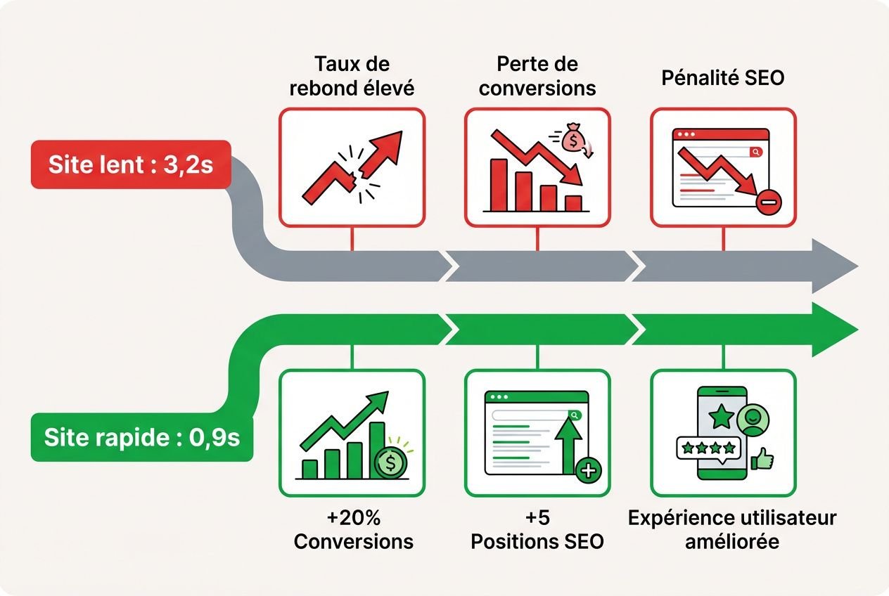 Infographie comparative: « pourquoi mon site web est lent ». Présente gauche: indicateur « Site lent : 3,2s ». Puis trois blocs gris montrant perte de conversions et pénalité SEO. En dessous, bande verte « Site rapide : 0,9s » avec icônes de conversions, positions SEO et expérience utilisateur améliorée. Texte illustratif souligne les bénéfices d’un site rapide et les améliorations associées.