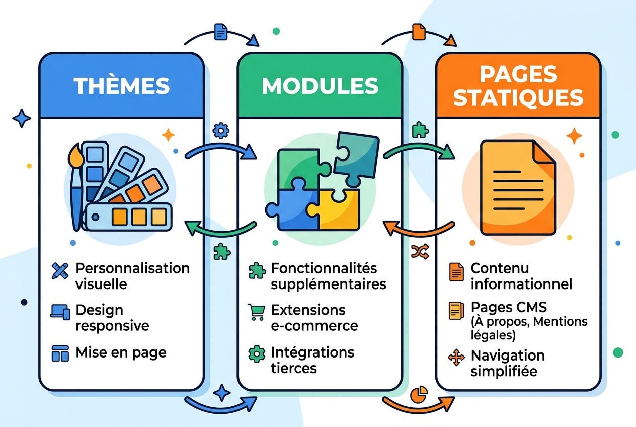 Infographie illustrant trois colonnes “Thèmes, Modules, Pages statiques” avec icônes et flèches reliant personnalisation visuelle, design responsive et mise en page. Inclut contenu CMS, extensions e-commerce et navigation simplifiée pour expliquer comment utiliser prestashop facilement.