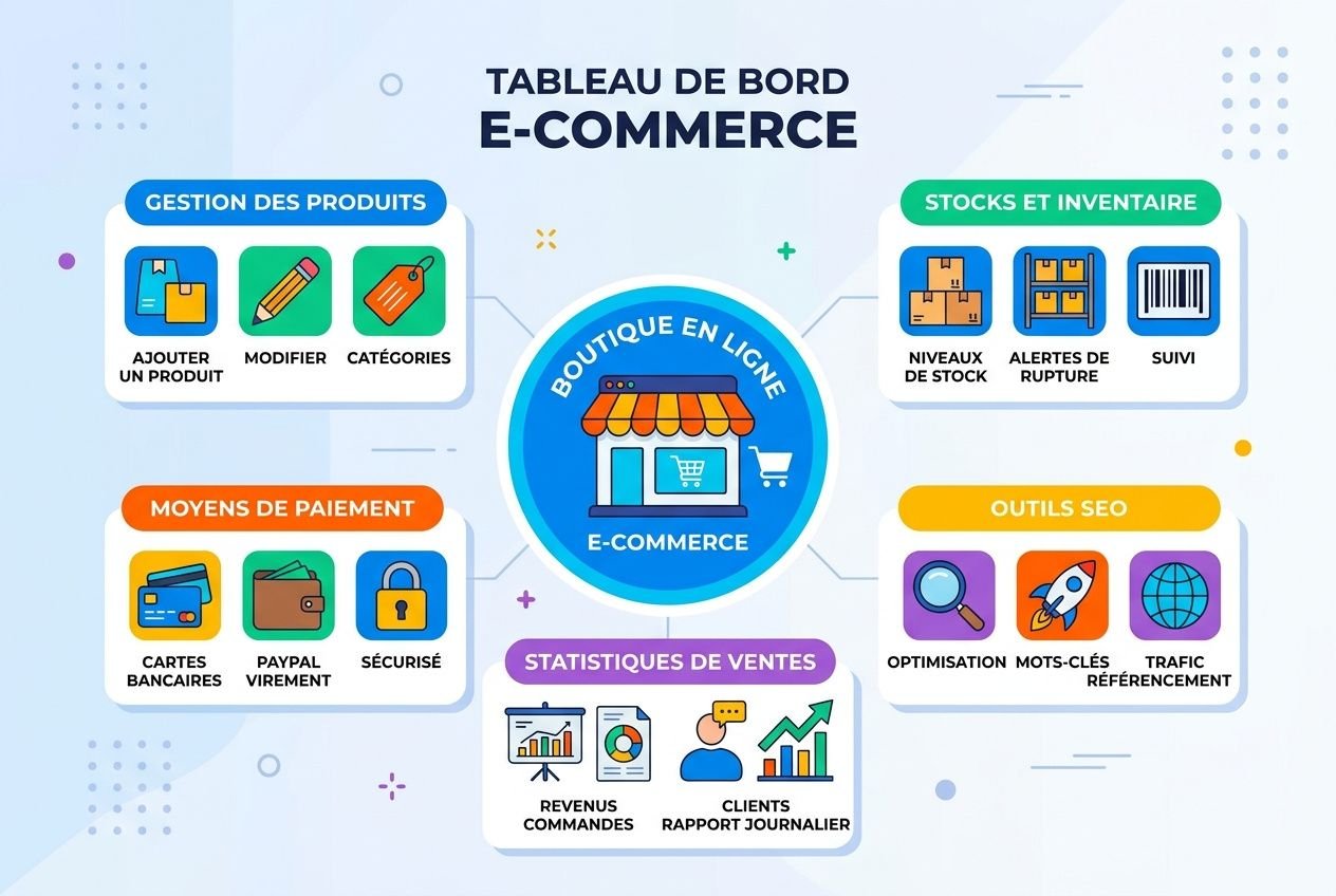 Infographie “Tableau de bord e-commerce” montrant un centre avec boutique en ligne et six modules: gestion des produits, stocks et inventaire, moyens de paiement, outils SEO, statistiques de ventes, chacun avec icônes colorées et pictogrammes. Idéale pour créer boutique en ligne gratuitement.