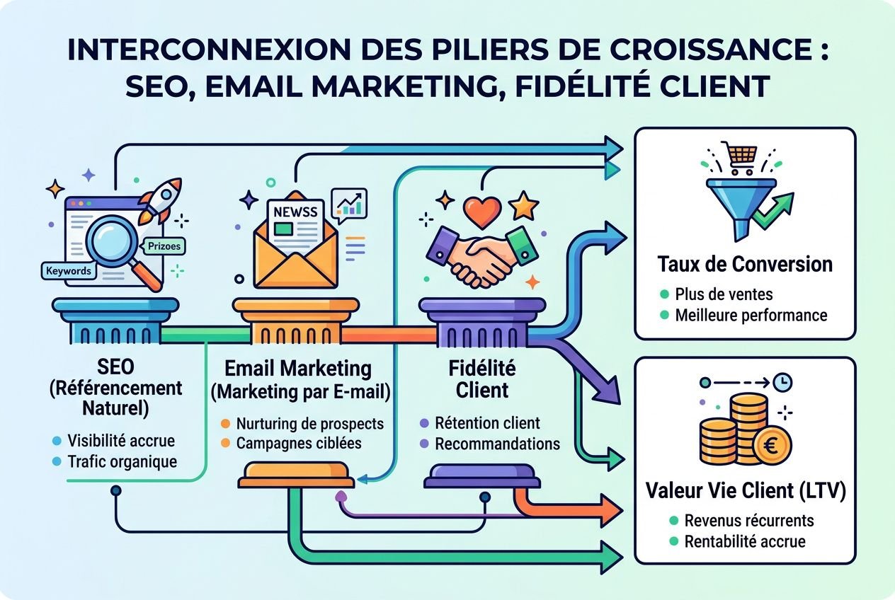 Interconnexion des leviers de croissance : SEO, email marketing et fidélité client illustrés; flux de conversion, valeur vie client (LTV) et indicateurs clés. est-ce rentable d'avoir une boutique en ligne.