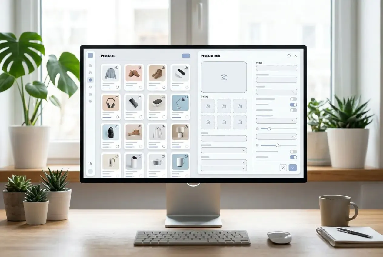 Interface d’un logiciel de design sur grand écran montrant des vignettes de produits et un éditeur de mise en page, bureau épuré avec plantes. intégration naturelle du mot-clé: comment creer une plateforme de e commerce.